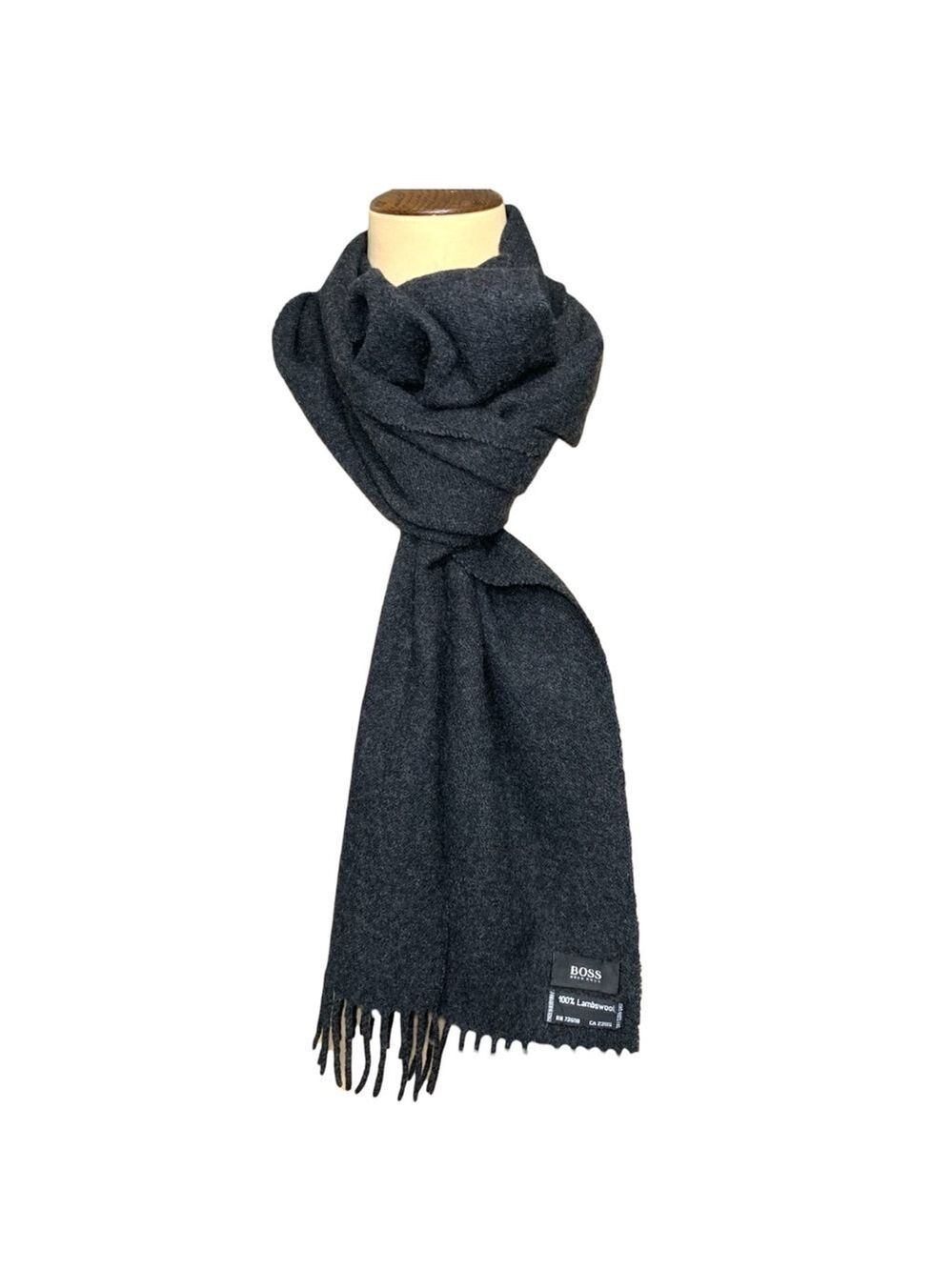 Hogo Boss Charcoal Gray Lambswool Scarf 13"X60" Fringes Embroidered Logo Classic